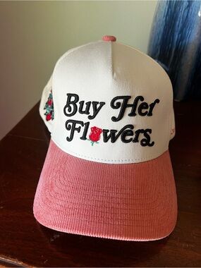 Field grade White & Pink 'Buy Her Flowers' I Embroidered Baseball trucker Cap
